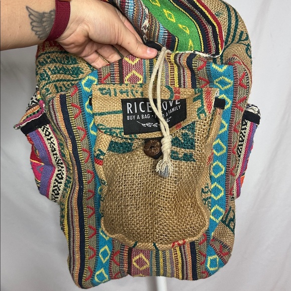 NWOT Rice Love Multicolor Handmade Drawstring Backpack - Picture 4 of 8